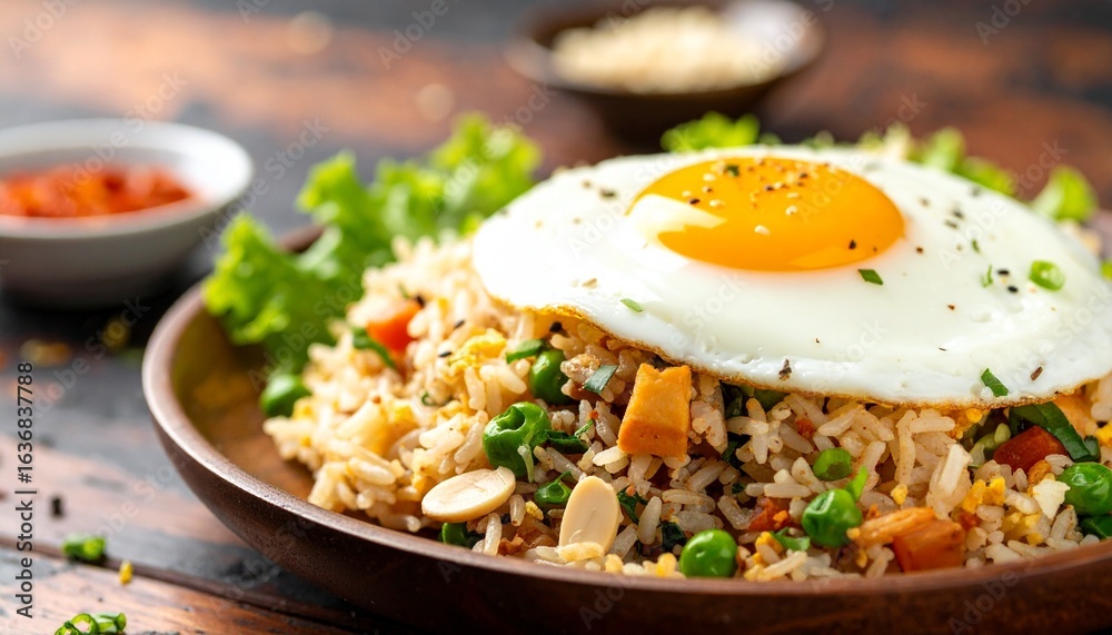 Plate of fried rice topped with sunny-side-up egg, garnished with lettuce and green onions. Plate of fried rice topped with sunny-side-up egg, garnished with lettuce and green onions.