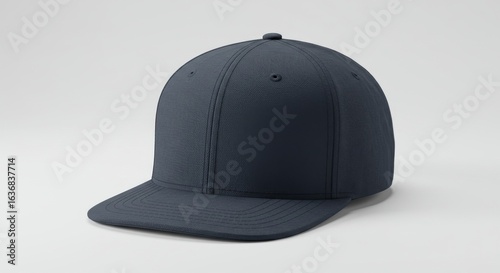 A plain dark blue baseball cap with a flat brim, isolated on a simple light gray background.