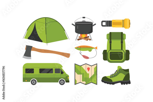 Collection of camping and outdoor adventure equipment and supplies