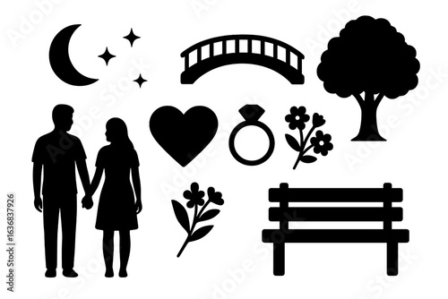 A silhouette couple on a romantic stroll, surrounded by charming elements associated with love and relationships