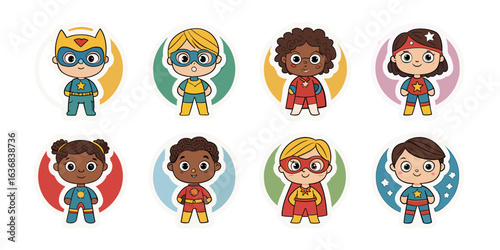 A vibrant illustration showcasing a diverse group of eight superhero kids in circles with different costumes and facial expressions. They embody heroism and bravery, ready to save the world.