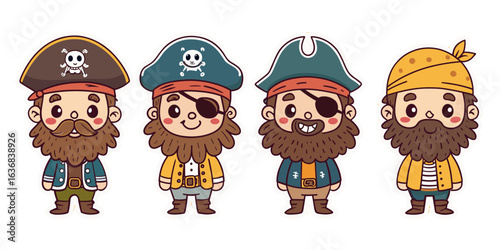 Set of cartoon pirates with eye patches and pirate hats standing together. Perfect for story books and educational materials.