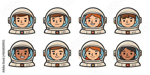 A collection of astronauts' faces in helmets, symbolizing space exploration and adventure