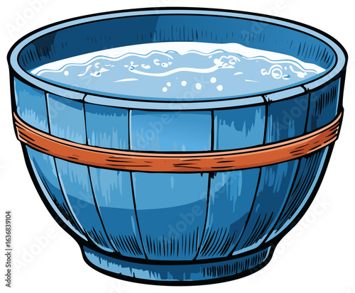 Blue Wooden Tub Filled with Water Illustration Style Image with Orange Hoops