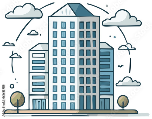Modern Office Buildings with Stylized Clouds and Trees