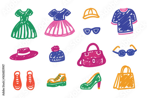 Colorful Fashion Sketch: A collection of hand-drawn fashion items, bursting with vibrant colors and creative flair, showcasing the essence of apparel design.