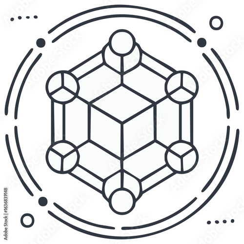 Geometric cube network symbol, an abstract line art icon for blockchain and futuristic technology.