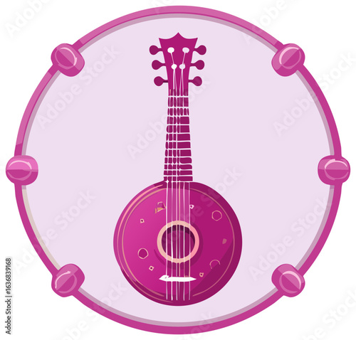 Stylized pink banjo or round lute musical instrument in a decorative circular frame