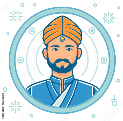 Man Wearing Turban Illustration in Decorative Circle and Traditional Clothing