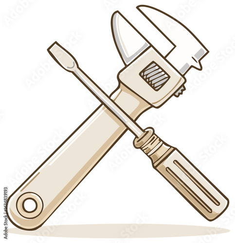 Cartoon style illustration featuring a wrench and a screwdriver crossing each other