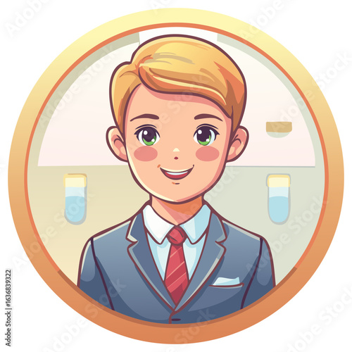 Cartoon portrait illustration depicting a young businessman in a suit smiling