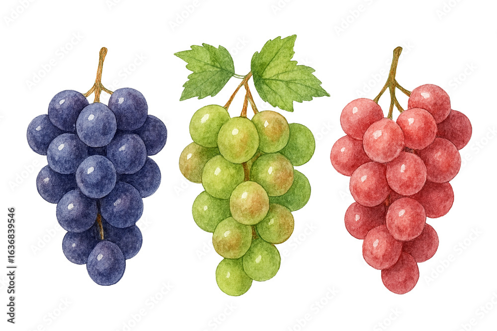 Fototapeta premium Three bunches of grapes in blue green and red on black background