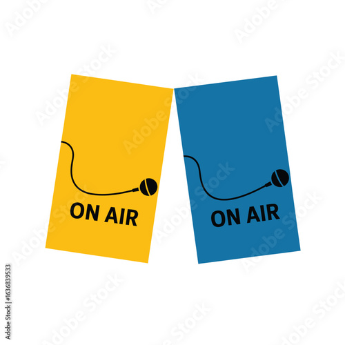 Two colorful on air signs with audio cables connected