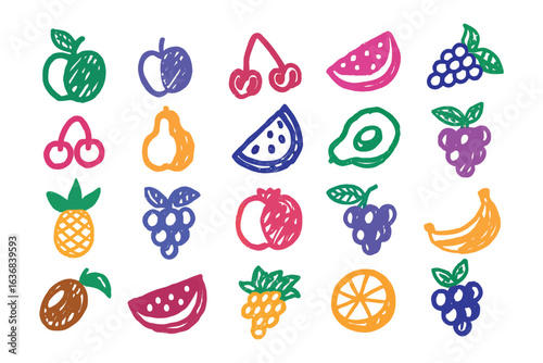 Playful Fruits's Feast: A colorful, delightful illustration features an array of hand-drawn fruits, celebrating the freshness and vibrancy of nature's bounty in an artistic and cheerful manner.