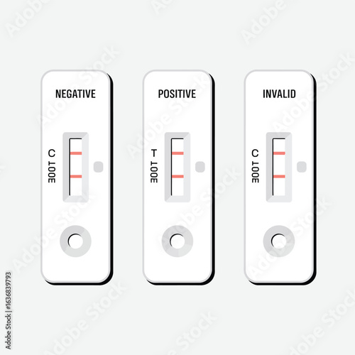 Three rapid diagnostic test strips showing negative positive and invalid results