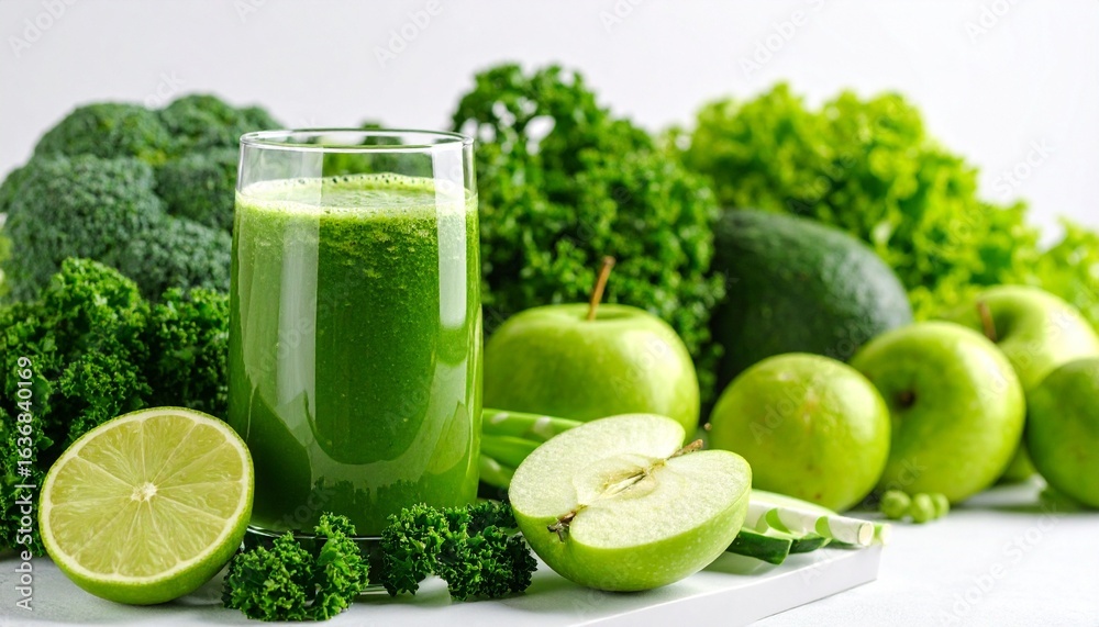 Fototapeta premium Green juice with apples, cucumbers, broccoli, kale, and lettuce arranged on surface