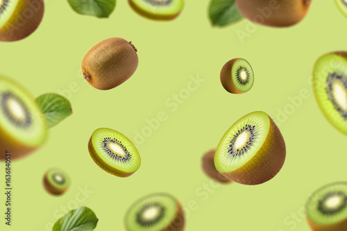 Fresh Kiwi Fruits Floating on Green Background – Perfect for Healthy Food Blogs