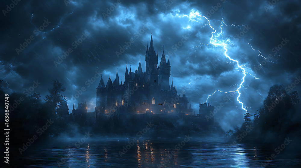 Fototapeta premium Dark gothic castle struck by lightning under stormy skies high resolution picture