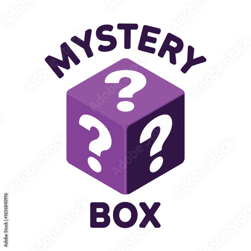 Purple mystery box with question marks and text
