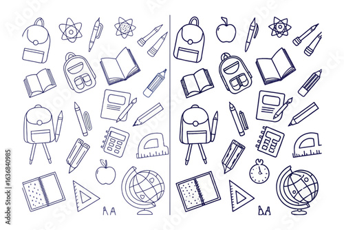 Back to school supplies sketch: A whimsical illustration of essential school supplies playfully arranged, evoking a sense of excitement and anticipation for the academic year.