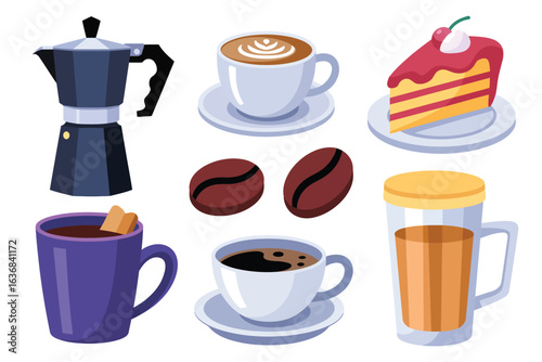 Collection of coffee drinks and desserts with a moka pot
