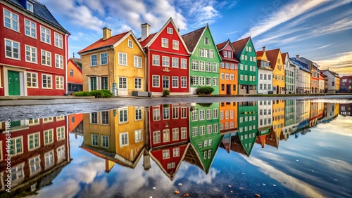 A picturesque row of colorful historic houses with reflections in the water on a street in copenhagen, denmark during the golden hour