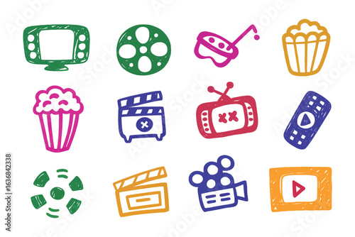 Hand-Drawn Movie Icons: A vibrant collection of hand-drawn movie icons, each rendered in vivid colors. Featuring cinema essentials, from classic film reels to retro televisions.