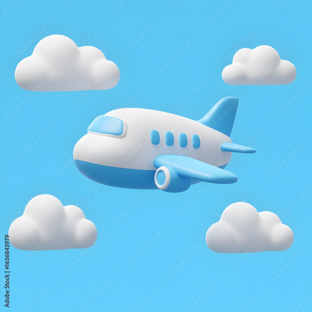 Naklejka premium Cute 3D cartoon airplane flying through blue sky with fluffy white clouds, perfect for travel and aviation themes.