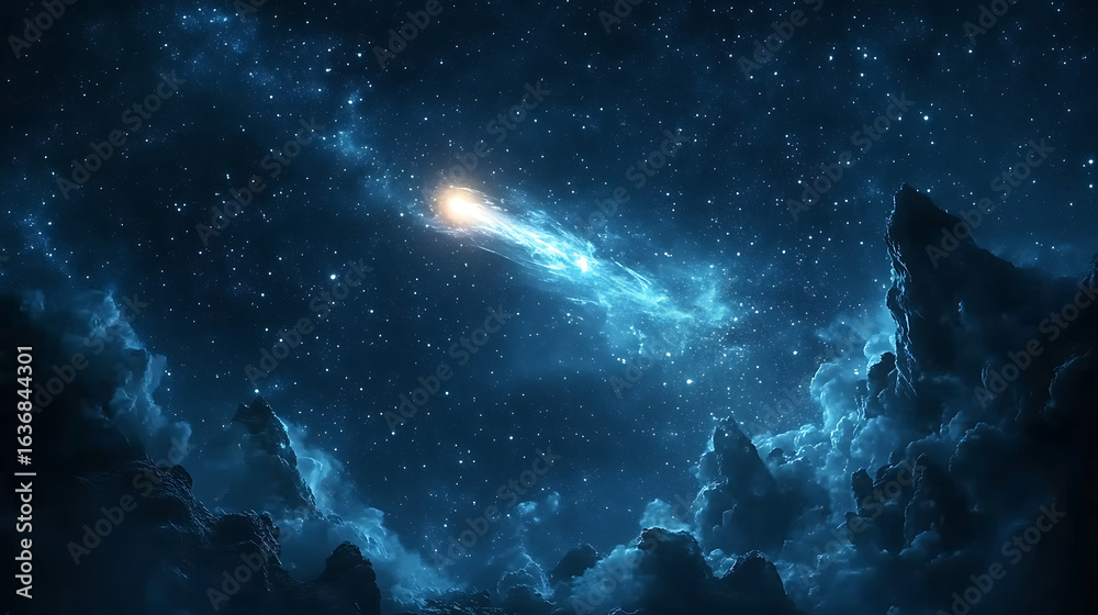Obraz premium Shooting star burning across deep blue night sky high resolution picture