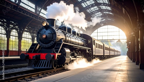 Vintage steam locomotive under a grand arched station roof.