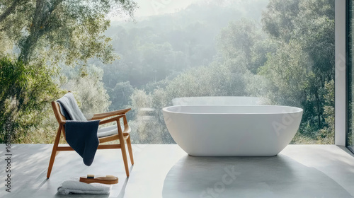 Fototapeta Naklejka Na Ścianę i Meble -  Serene and modern bathroom oasis featuring sleek white freestanding bathtub and wooden lounge chair, offering panoramic views of lush, misty forest through expansive windows