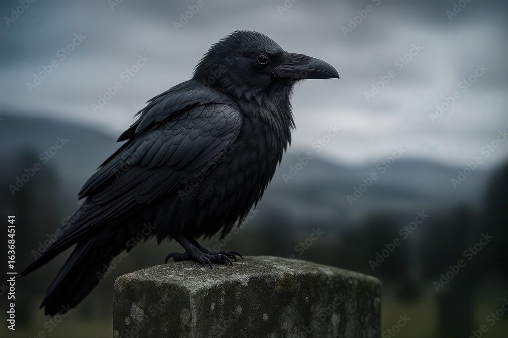 Fototapeta premium Majestic Raven Perched on a Mossy Tombstone in a Misty Cemetery Landscape