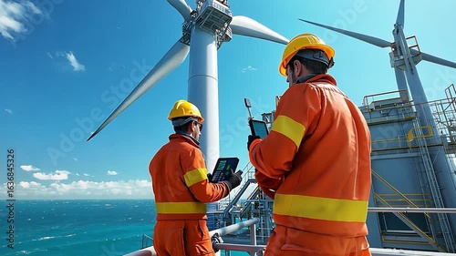 Engineers Inspecting Wind Turbine on Offshore Platform with Clear Blue Sky and Ocean Background