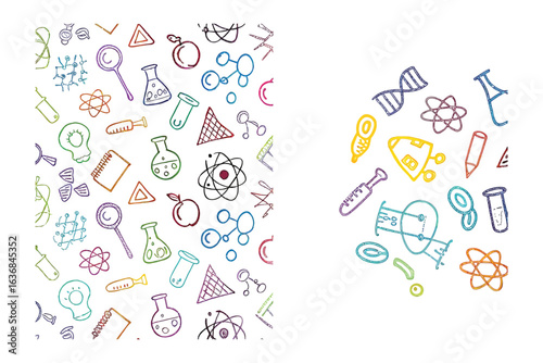 Scientific doodles: A colorful and vibrant pattern of hand-drawn scientific elements, perfect for educational purposes. The elements are scattered across a seamless design.
