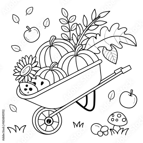 Wheelbarrow car with Autumn signboard full of pumpkin sunflower apple mushroom coloring illustration  black and white