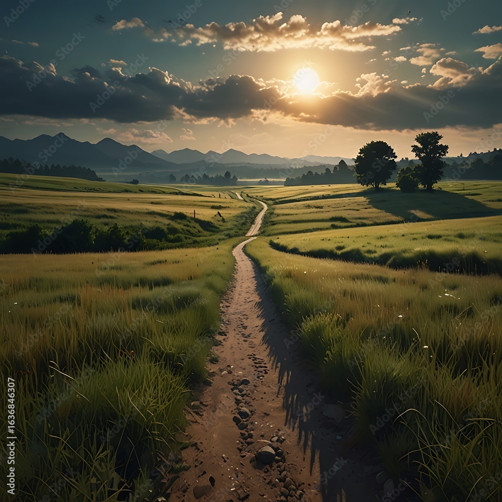 Naklejka premium A dirt path winds through a grassy field towards the setting sun, creating a tranquil rural landscape at dusk