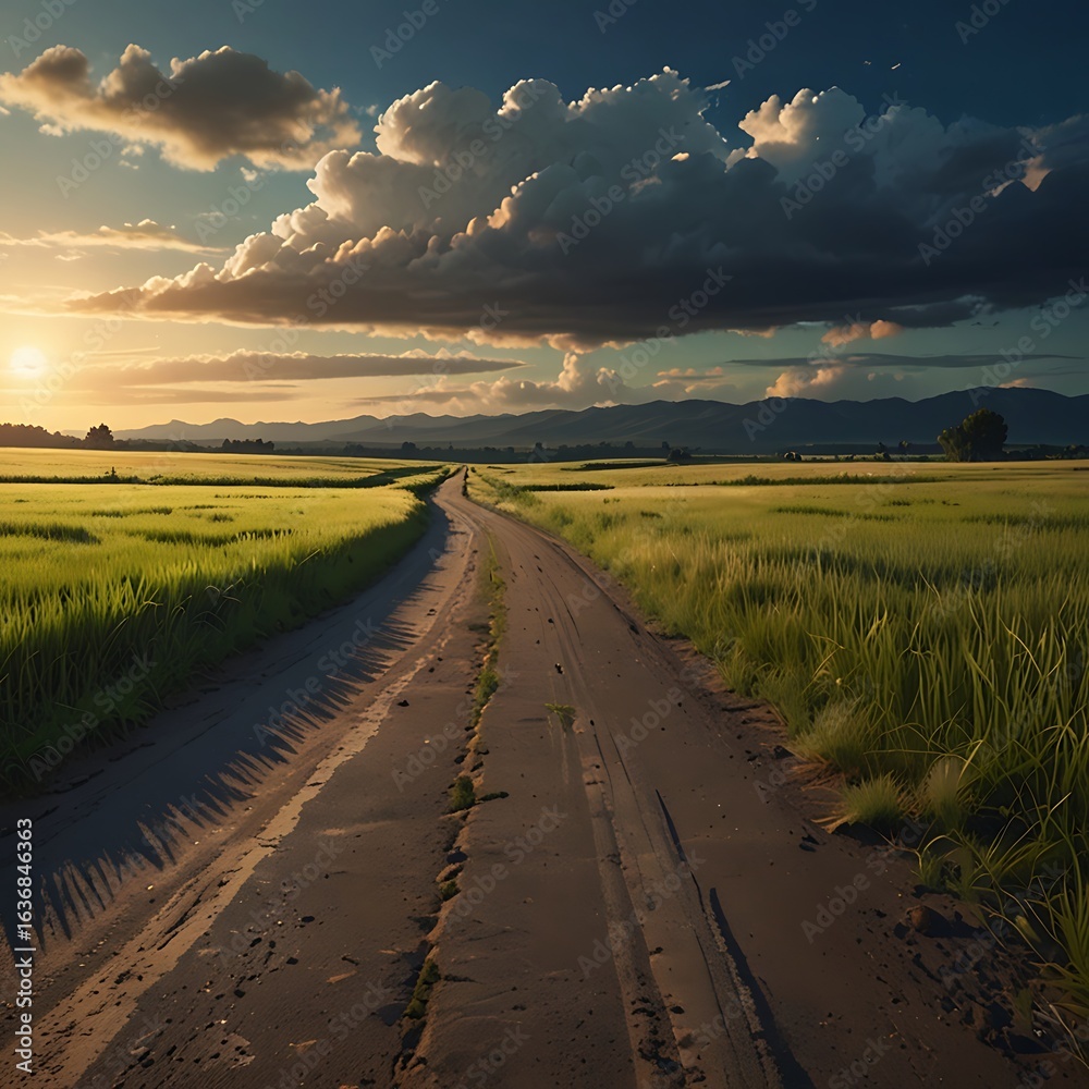 Naklejka premium A dirt road stretches through a golden field towards the setting sun, creating a peaceful rural landscape with distant mountains
