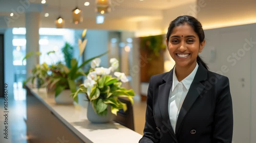 Smiling young Indian woman in a black suit stands at a modern reception desk with green plants and flowers in a bright office environment.