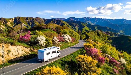 Scenic road trip, camper van, mountains, spring