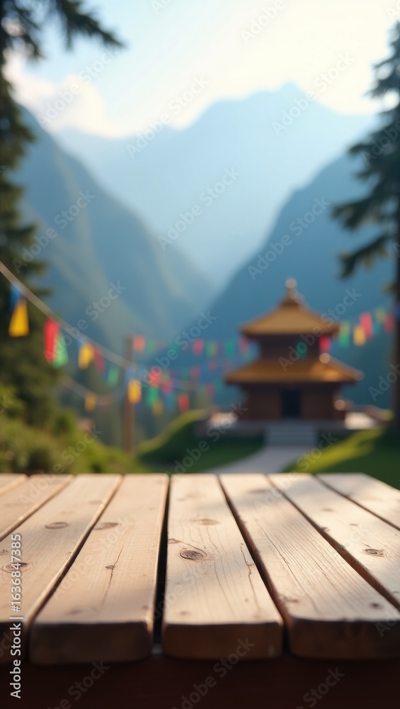 Fototapeta premium Scenic Mountain Temple View with Wooden Tabletop Foreground for Product Placement