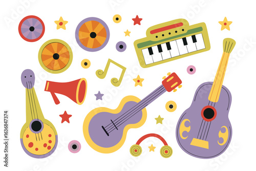 Musical Instruments: A cheerful composition of various musical instruments, including guitars, keyboard, and other musical elements, creating a lively and engaging artistic expression.