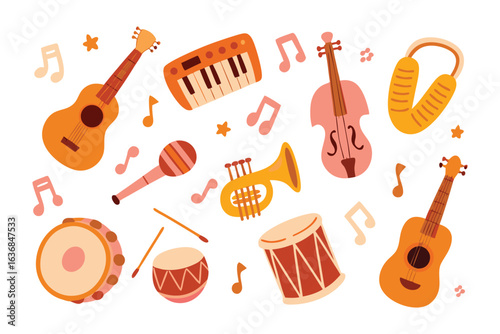 Musical Instruments: A vibrant collection of musical instruments is scattered in playful arrangement, each one a symbol of creativity and sonic expression.