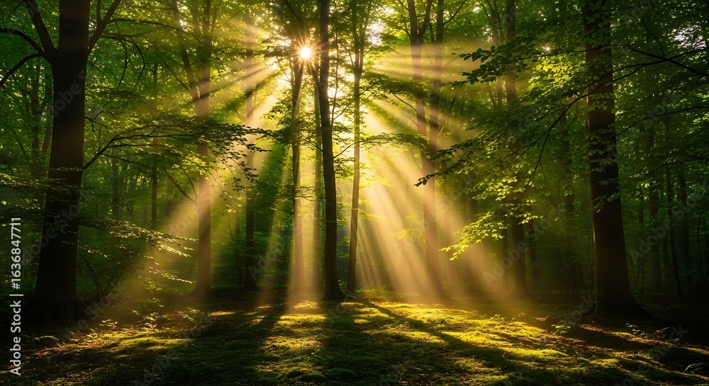 Naklejka premium Sunlight streaming through dense forest canopy creating ethereal light rays and shadows on the ground cover