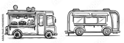 A realistic mockup of a food truck, resembling an ice cream or street food trailer with an open window, is shown as a canteen on wheels isolated on white, embodying the concept of a modern cargo van