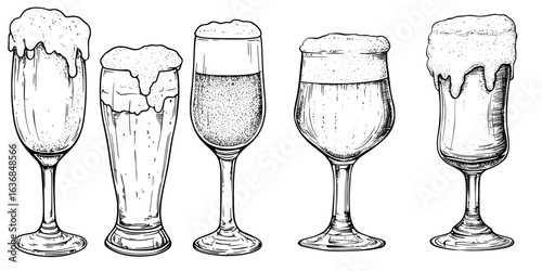 Modern illustrated sketches of a beverage set, comprising hand drawn beer glasses with vintage ink drawings of pub glasses, beer, and bubble foam, isolated on white