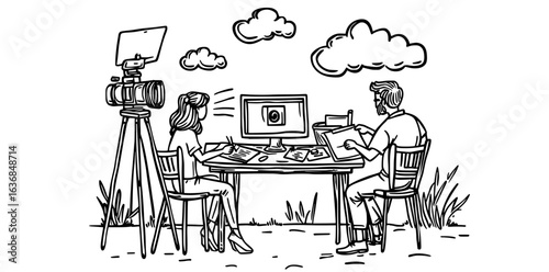 A freelance web article writer concept involves blog content making with cartoon people characters, as well as modern isometric illustrations of online media journalists designing business concepts