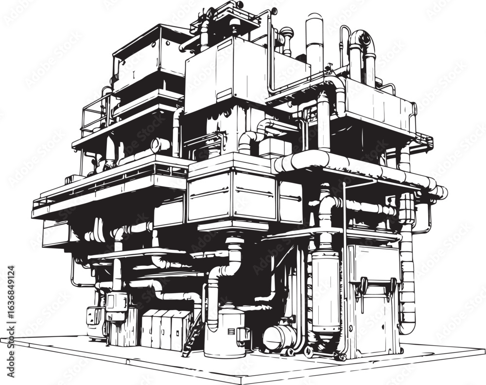Obraz premium Factory, technical room, futurism, industry, equipment, mechanisms. Hand drawn vector illustration