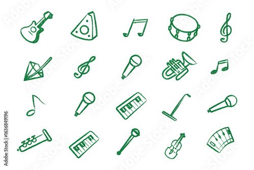 Melody Icons: a collection of artistic green musical instrument icons. Capture the essence of musical creativity and instrumental diversity.