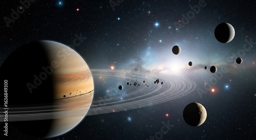 Majestic Saturn and its Moons Orbiting Through a Starry Cosmic Expanse