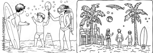 The scene showcases cartoon happy children on summer holidays, swimming, playing with a ball, and engaging in other fun beach activities in a modern flat style
